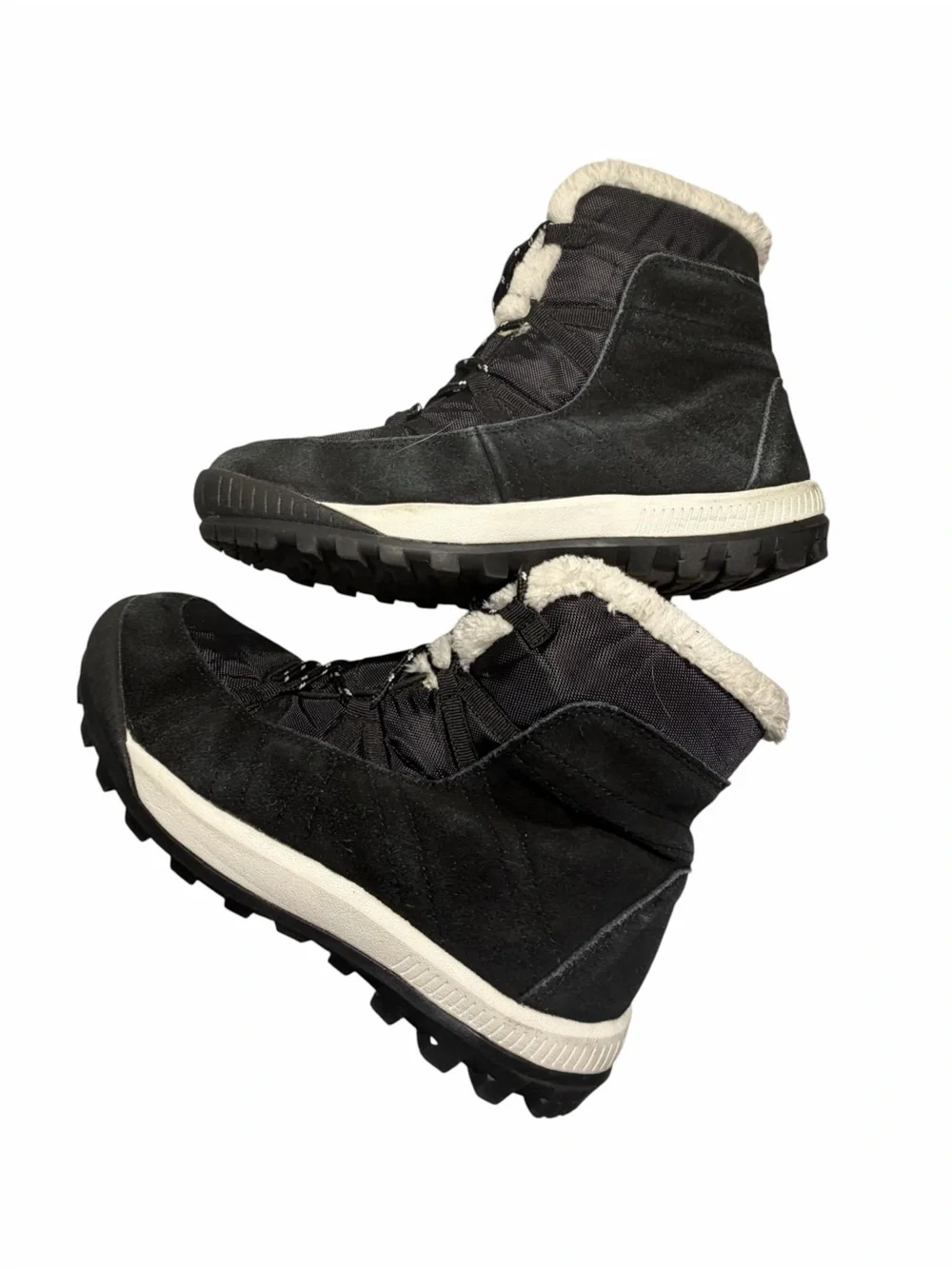 Tamarack Women's Black Leather Winter Lace-Up Boots with Faux-Fur Collar Sz 9